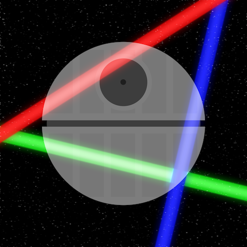 Graphic of a huge spherical space station behind three laser beams