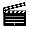 A black and white icon of an open clapperboard