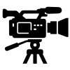 A black and white icon of a professional film camera